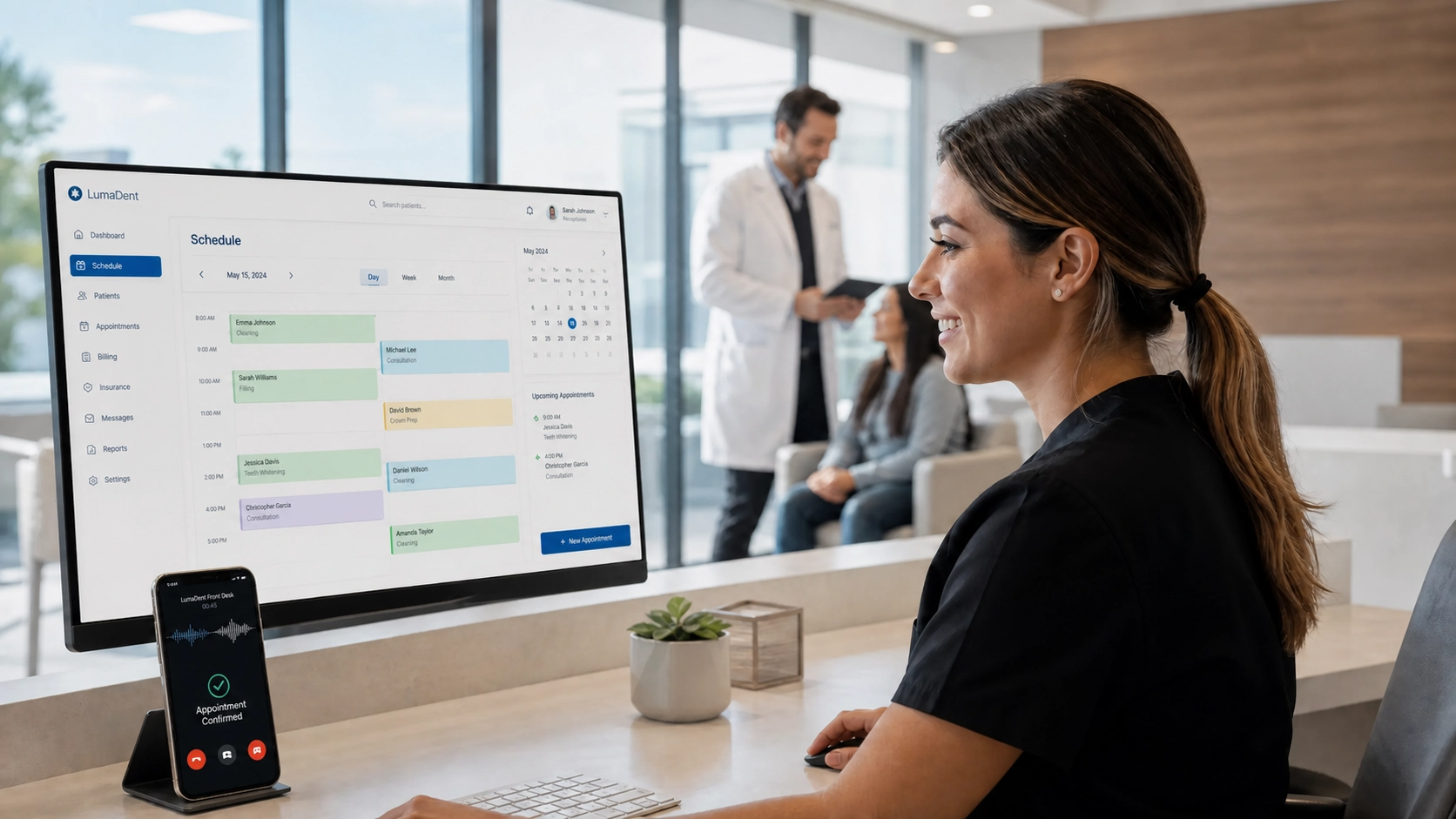 Dental clinic front desk with an AI voice receptionist dashboard and confirmed appointment call
