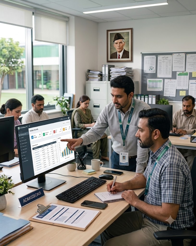 School administration office staff reviewing student records on a management dashboard